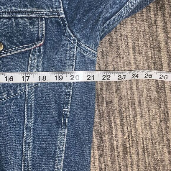 VTG Tommy Hilfiger Womens Size Large Button Front Denim Jacket Blue Hidden Hood - Picture 6 of 9